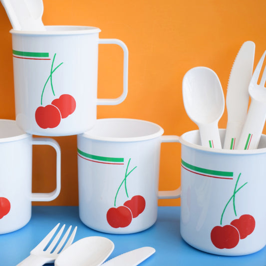 Vintage 1980s Plastic Mugs / Cutlery- Cherry Design