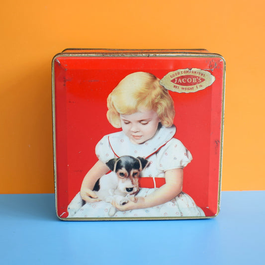 Vintage 1950s Jacob's Biscuit Tin - Girl & Terrier