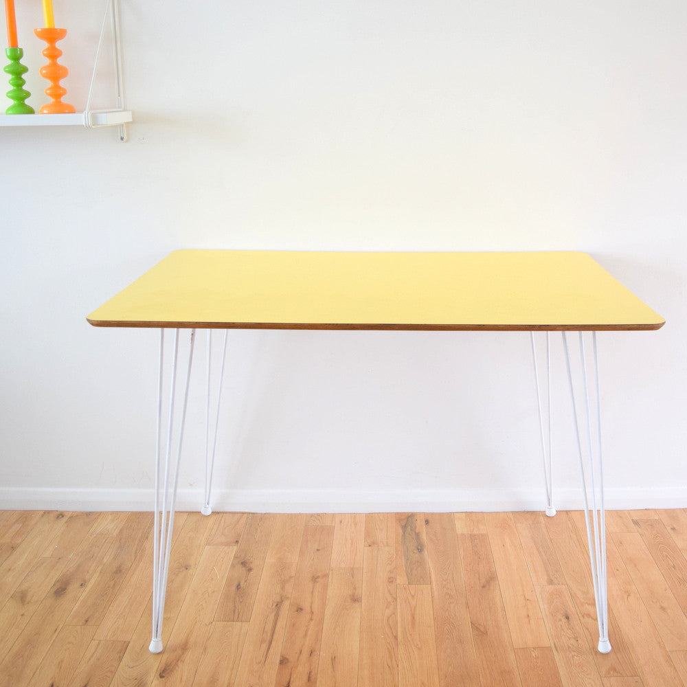 Vintage 1950s Formica Table - Original Hairpin Legs - Ideal Desk, Sunny Yellow