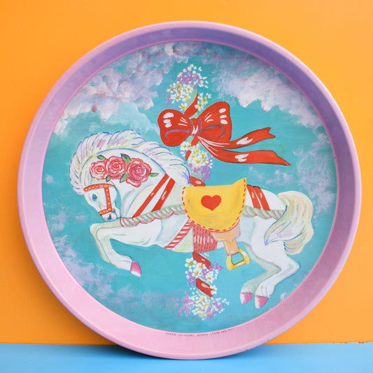 Vintage 1980s Tin Round Tray - Carousel Horse