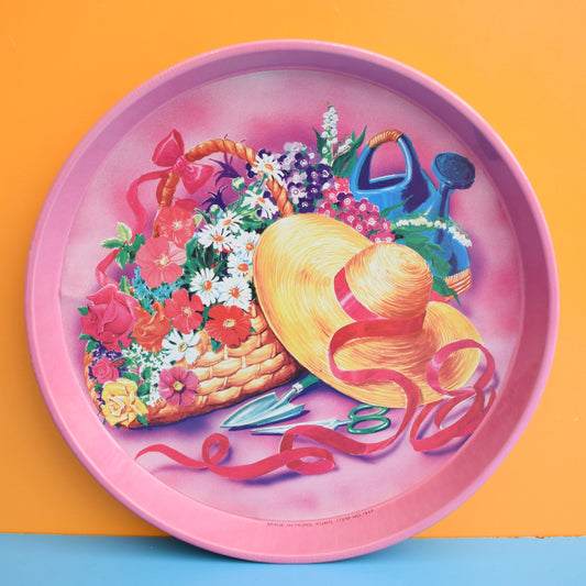 Vintage 1980s Tin Round Tray - Garden