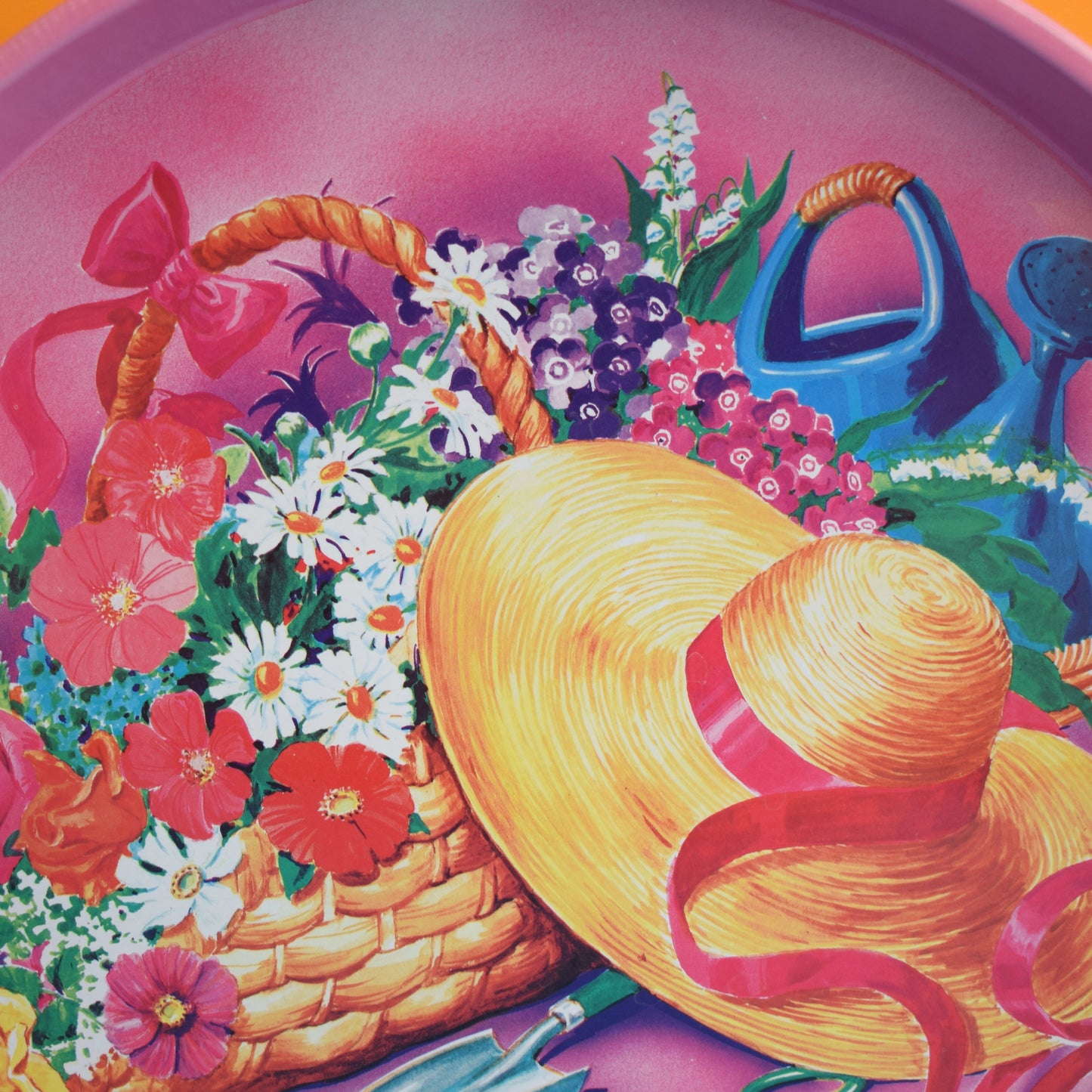 Vintage 1980s Tin Round Tray - Garden