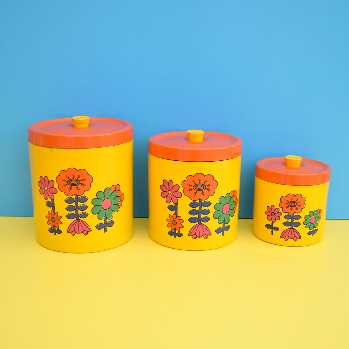 Vintage 1960s Flower Power Lacquered Storage Tins x3 - Yellow