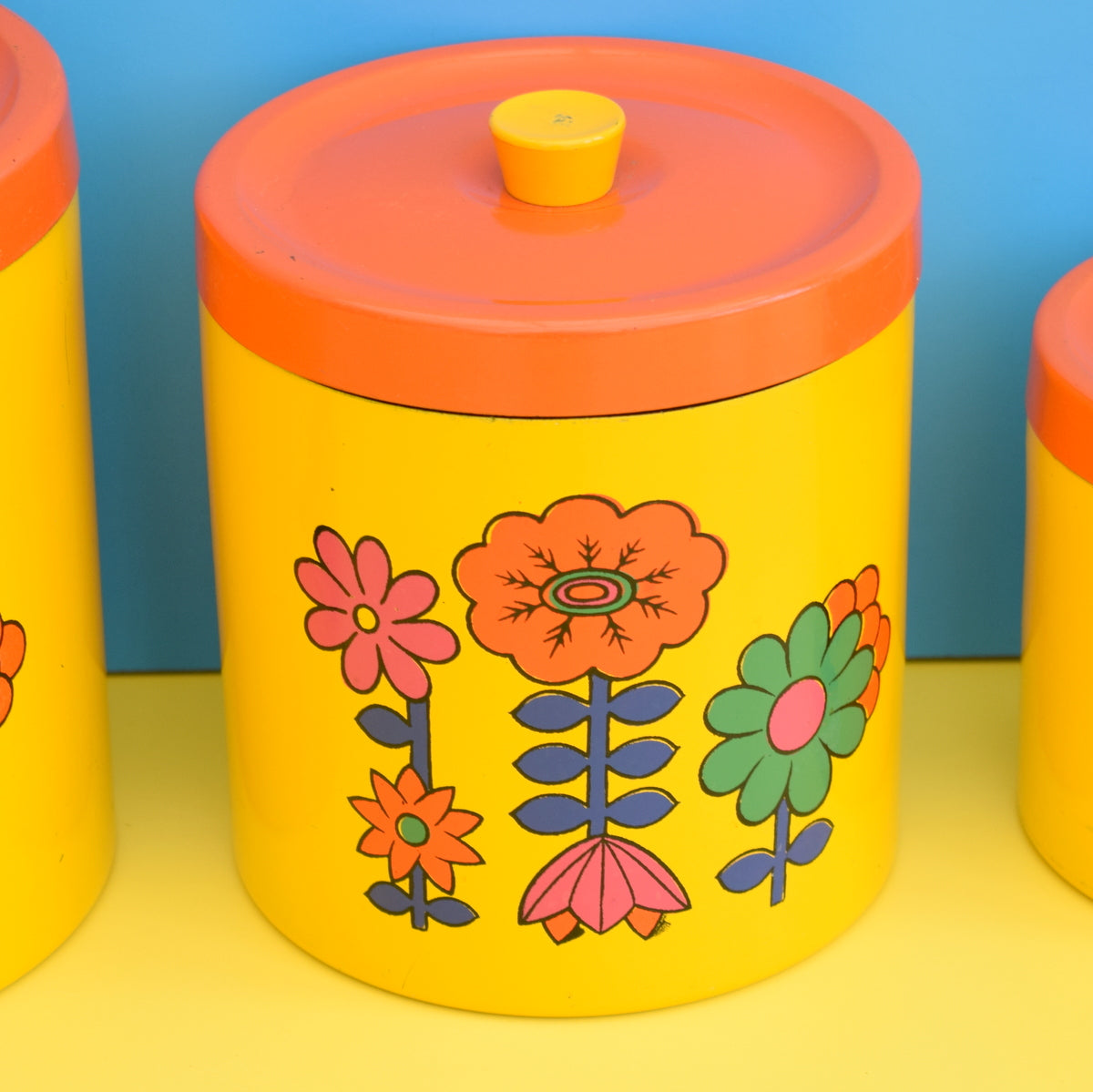 Vintage 1960s Flower Power Lacquered Storage Tins x3 - Yellow