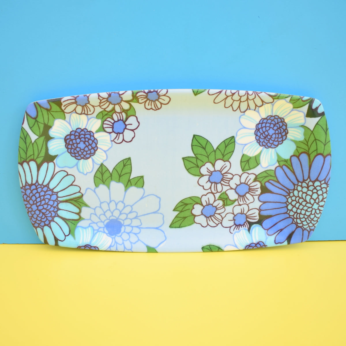 Vintage 1960s Small Flower Power Thetford Tray - Blue .