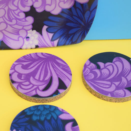 Vintage 1960s Small Flower Power Thetford Tray & Coasters - Purple
