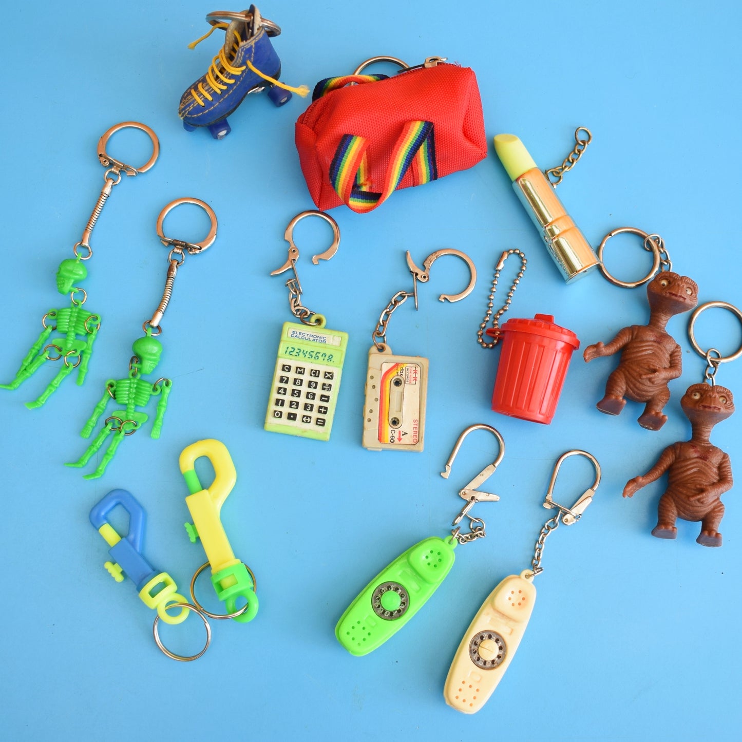Vintage 1980s Mixed Keyrings - PacMan, Miniatures Etc by Pineapple Retro