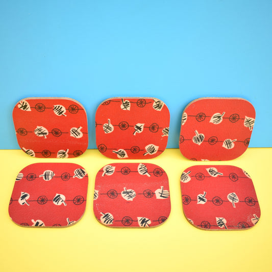 Vintage 1950s Cork Backed Coasters x6 - Red & Black