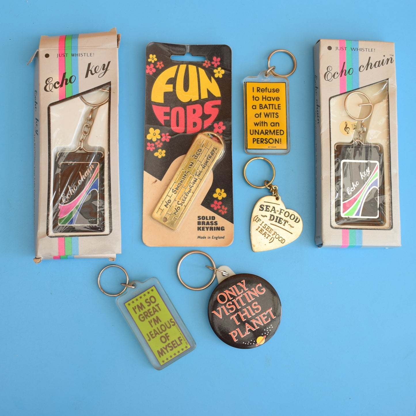 Vintage 1980s Mixed Keyrings - PacMan, Miniatures Etc by Pineapple Retro