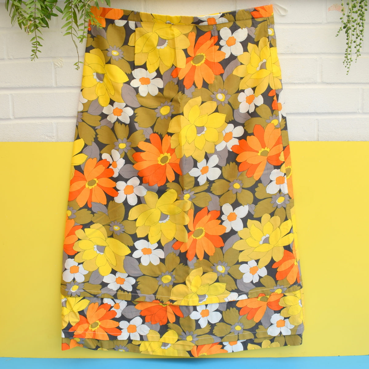 Vintage 1960s Fabric / Maxi Skirt - Flower Power - Orange, Yellow & Grey