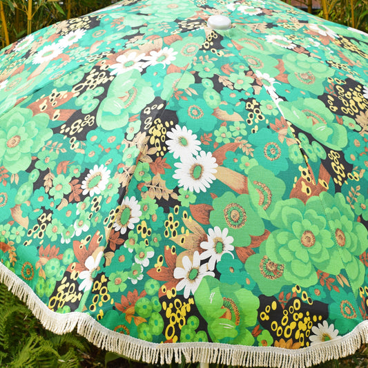 Vintage 1970s Garden Parasol - Green Flower Power by Vintage