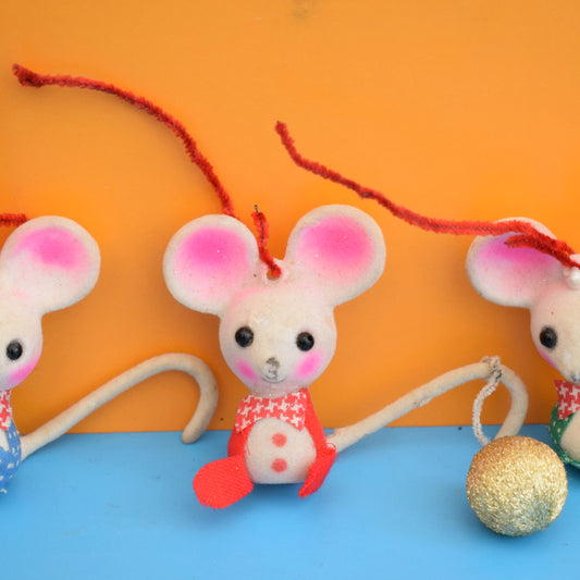 Vintage 1960s Kitsch Flocked Plastic Decorations - Mice by Pineapple Retro