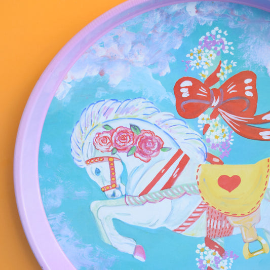 Vintage 1980s Tin Round Tray - Carousel Horse .