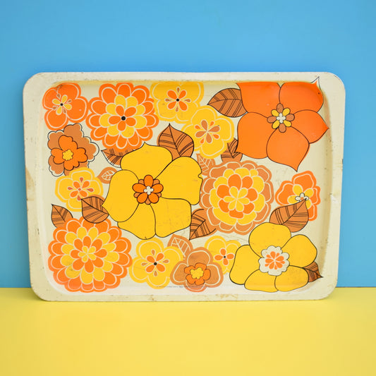 Vintage 1960s Flower Power Metal Tin Tray - Orange