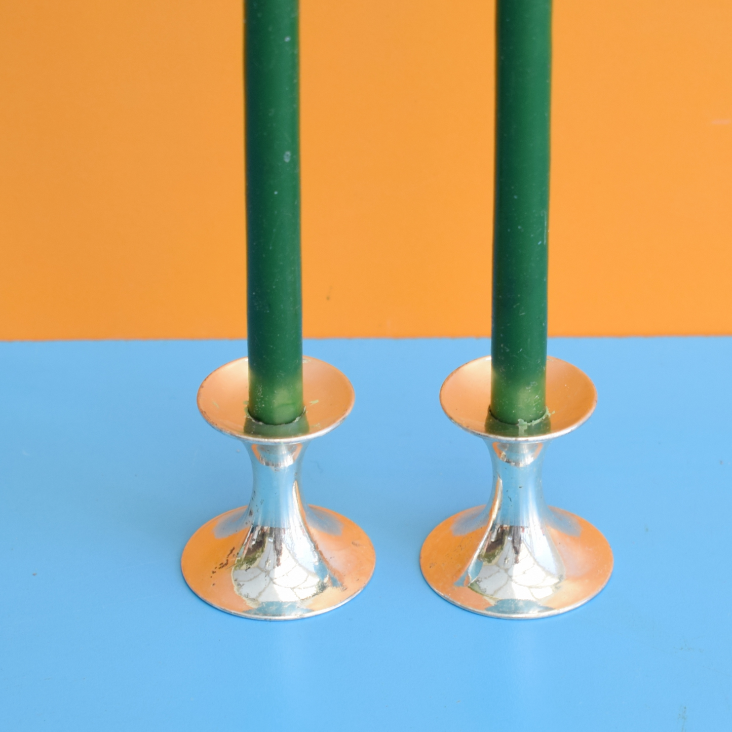 Vintage 1970s Small Chrome Candle Holders / Candles