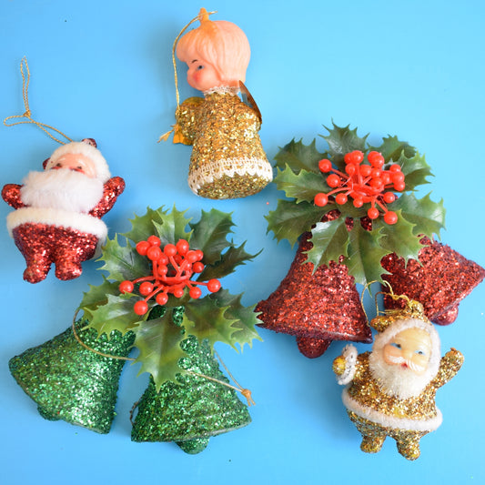Vintage 1960s Kitsch Glitter Plastic Christmas Decorations x5 - Santa by Pineapple Retro
