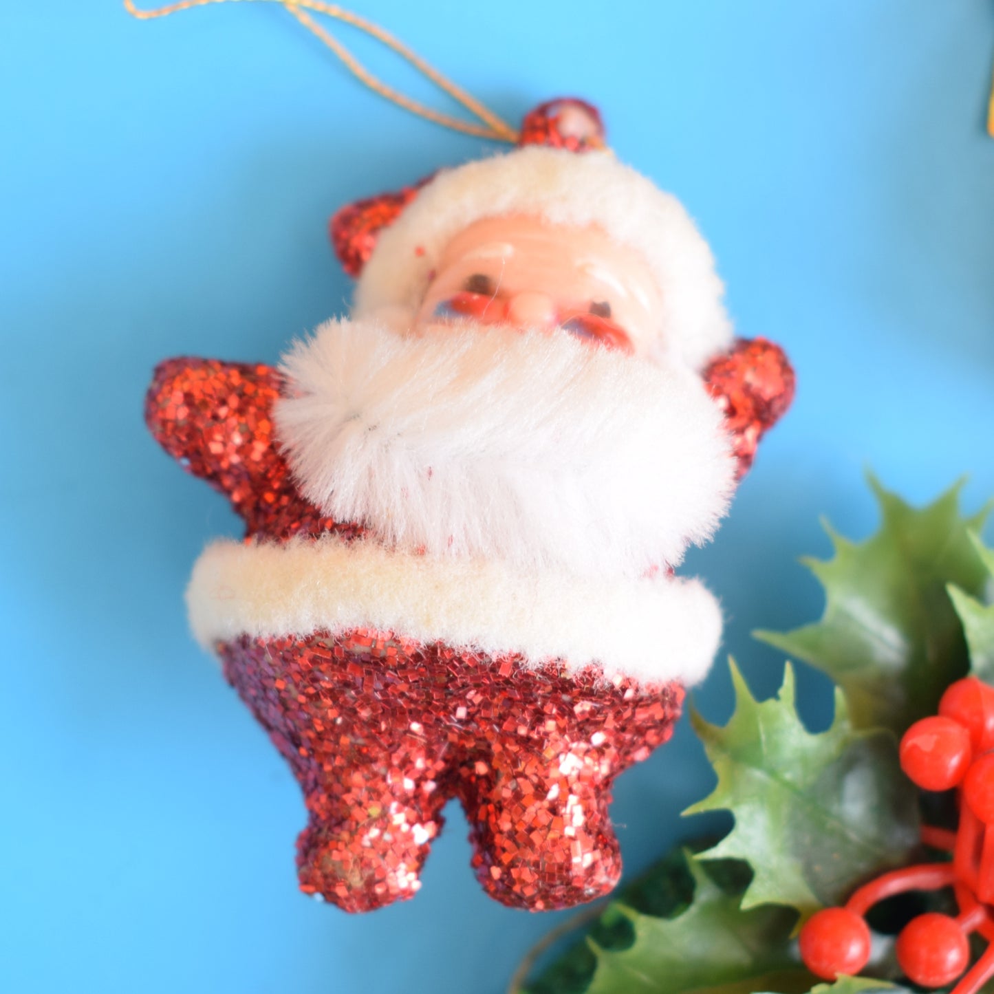 Vintage 1960s Kitsch Glitter Plastic Christmas Decorations x5 - Santa
