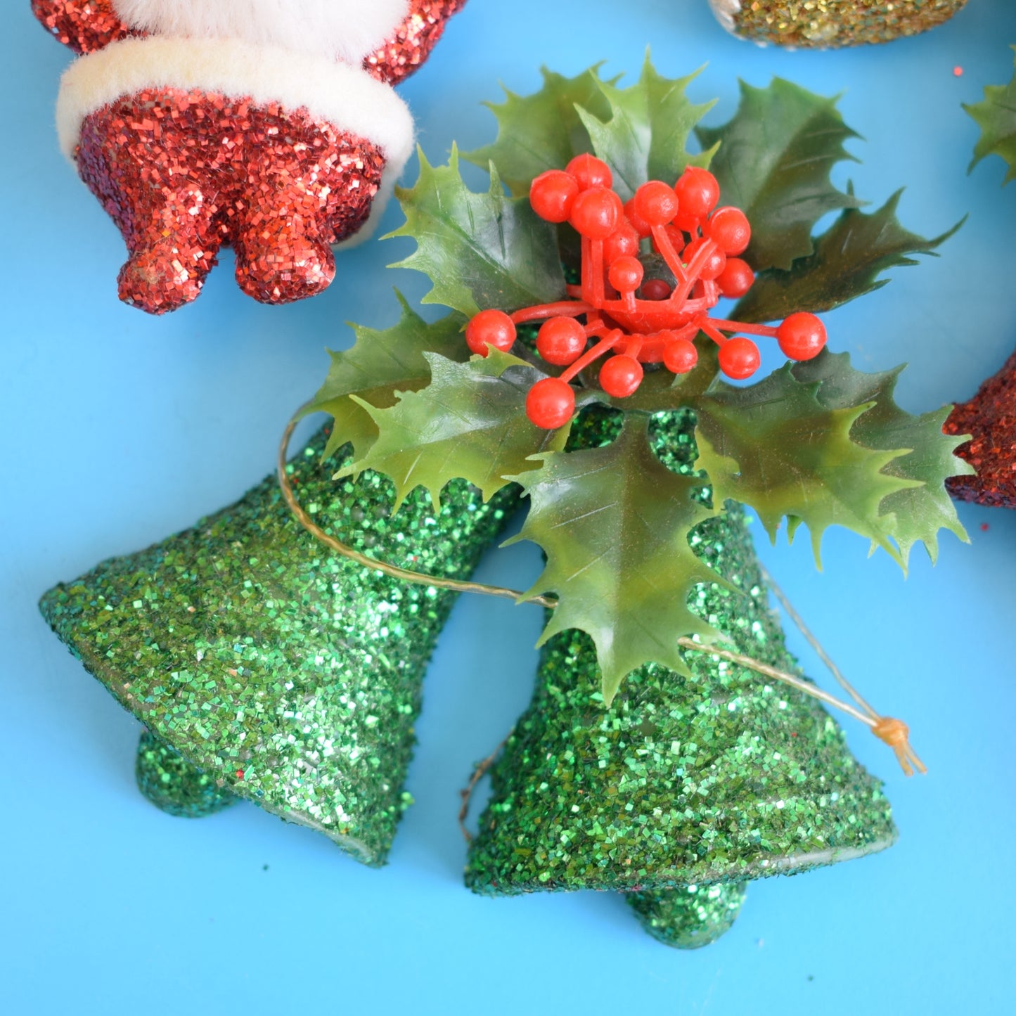 Vintage 1960s Kitsch Glitter Plastic Christmas Decorations x5 - Santa
