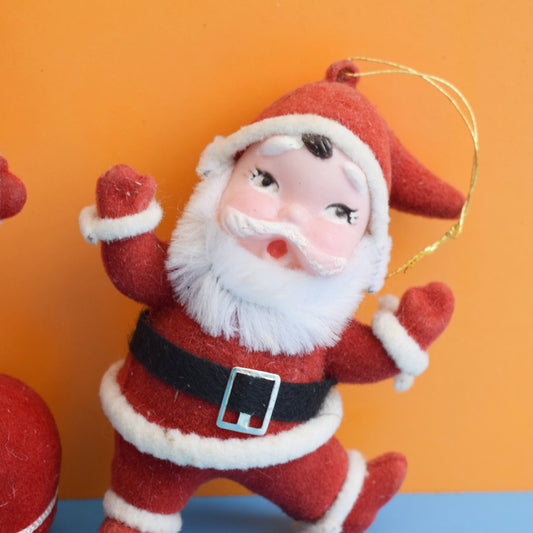 Vintage 1960s Kitsch Flocked Christmas Decorations x4- Santa