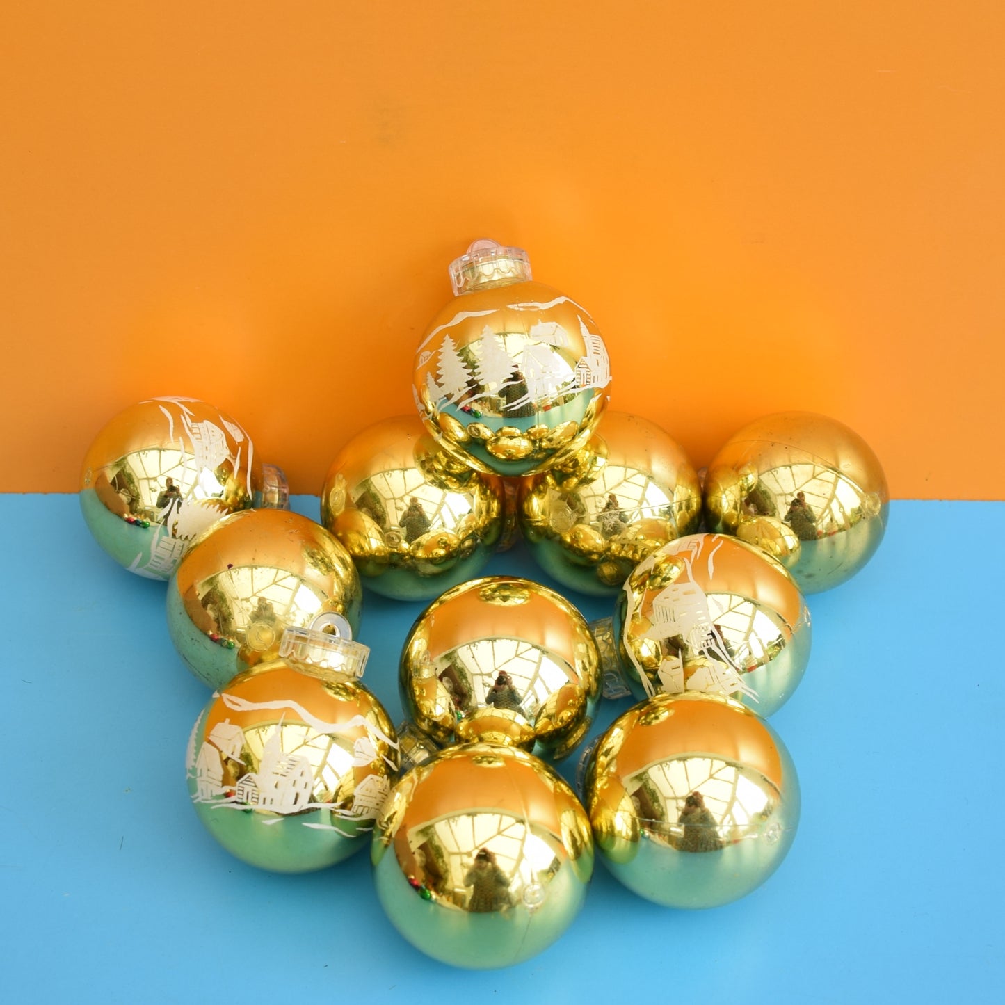 Vintage 1970s Plastic Christmas Balls x11 Gold