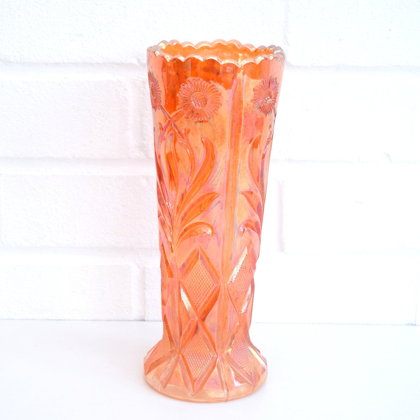 Vintage 1930s Carnival Glass Sunflower & Diamonds, Orange