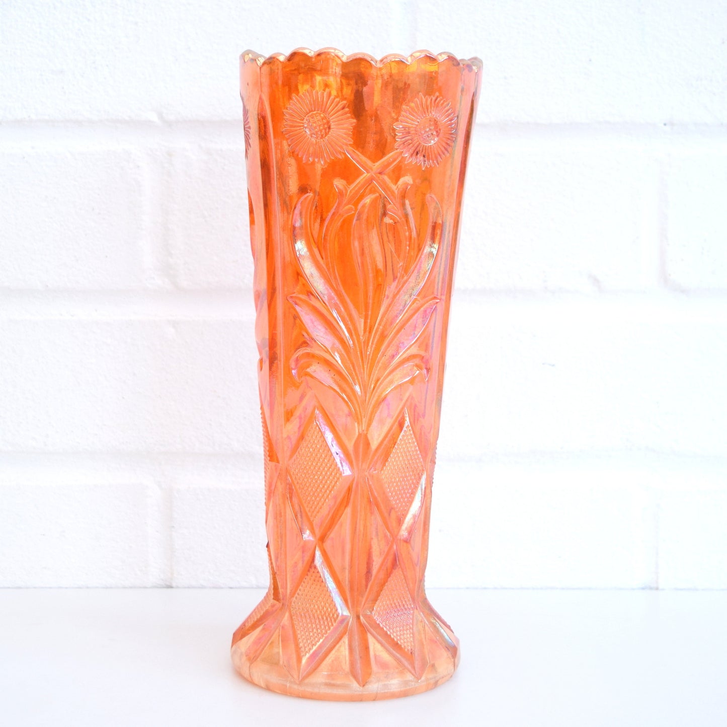 Vintage 1930s Carnival Glass Sunflower & Diamonds, Orange