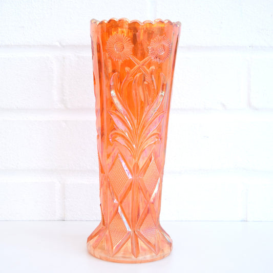 Vintage 1930s Carnival Glass Sunflower & Diamonds, Orange