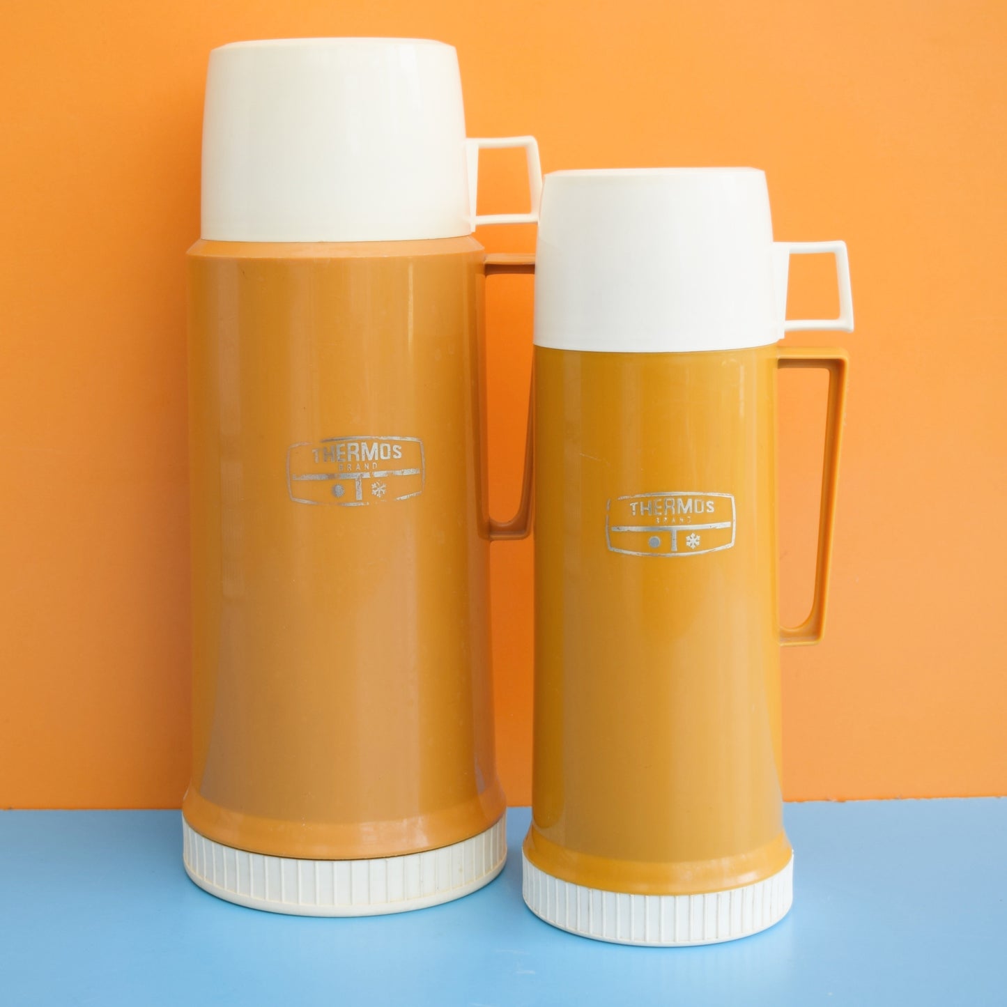 Vintage 1980s Plastic Thermos Flasks - Mustard