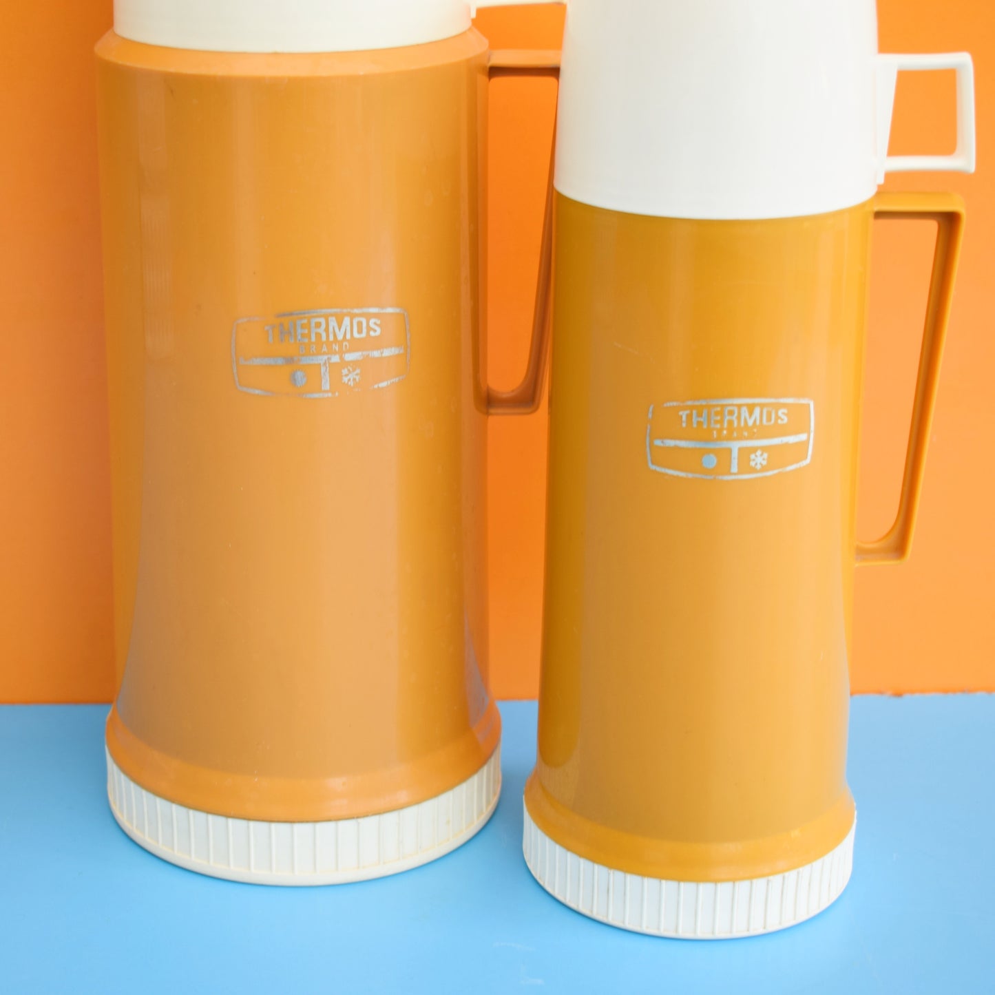 Vintage 1980s Plastic Thermos Flasks - Mustard