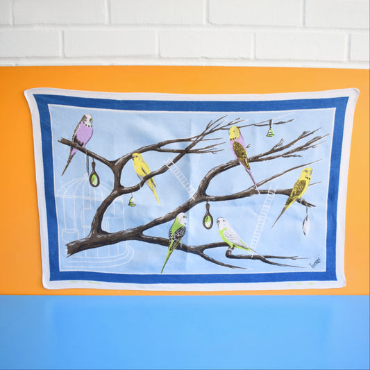 Vintage 1960s Tea Towel - Budgies by Vintage
