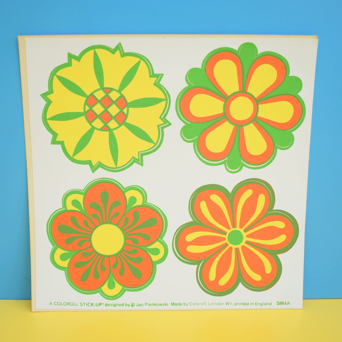 Vintage 1970s Sticker - by Jan Pienkowski - Set of 4 Small Flower Design, Orange / Yellow & Green