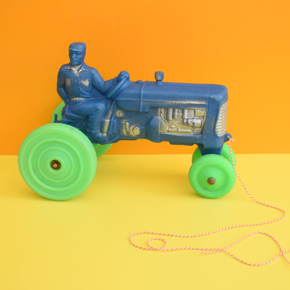 Vintage 1960s Large Plastic Pull Along Tractor - Blue