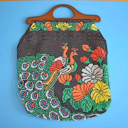 Vintage 1970s Beaded Souvenir Hoop Handbag - Peacocks by Vintage