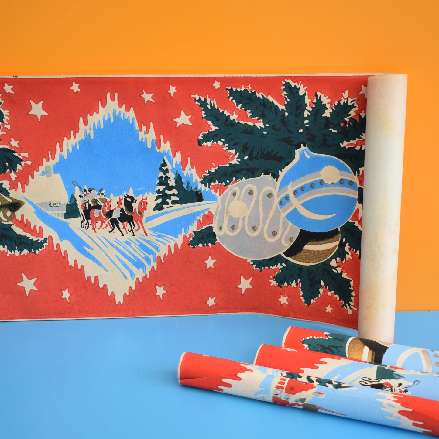 Vintage 1950s Hand Printed Christmas Paper/ Frieze