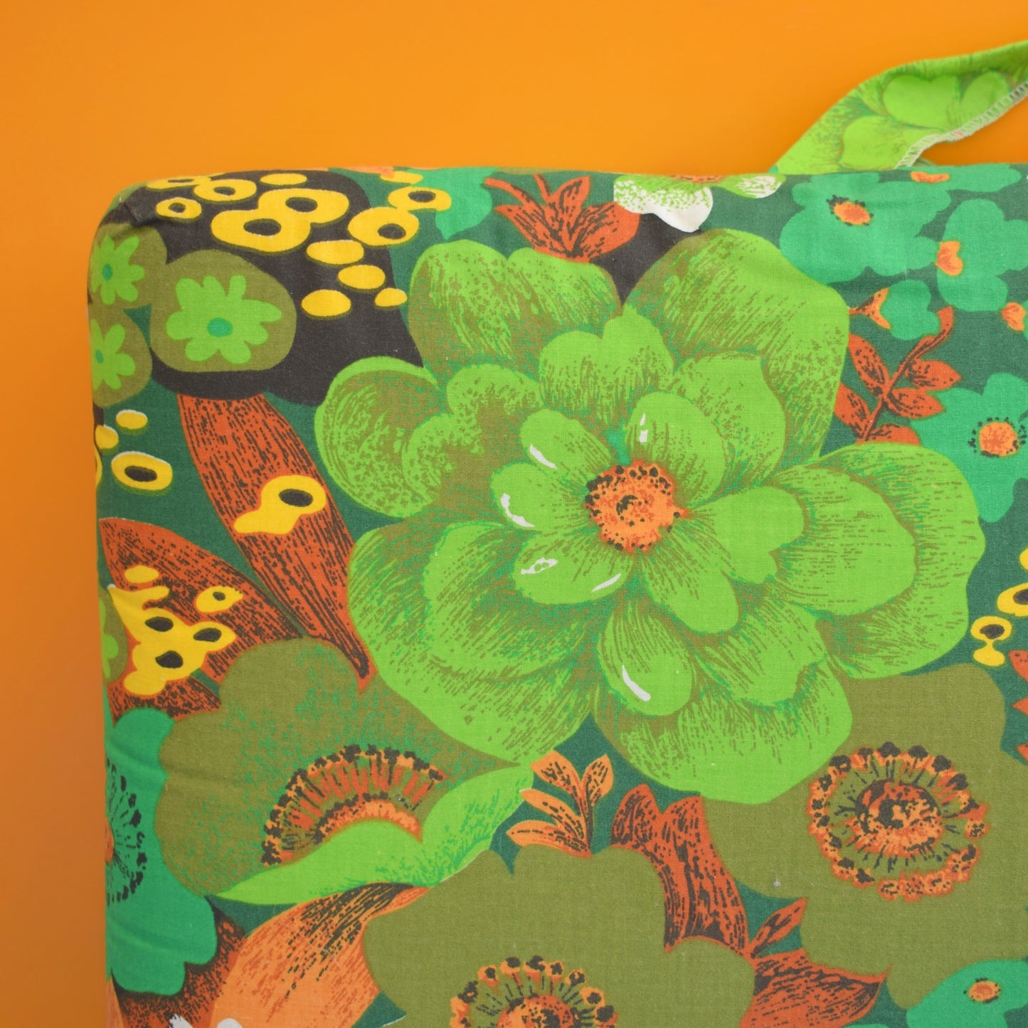 Vintage 1960s Padded Long Folding Cushion - Green Flower Power