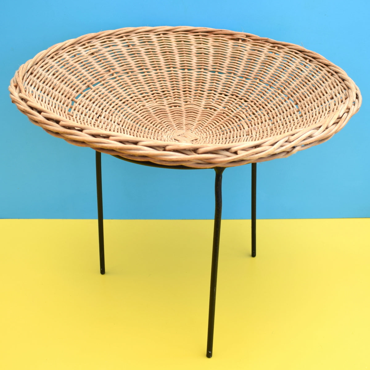 Vintage 1950s Atomic Wool Basket / Plant Stand - Wicker & Black