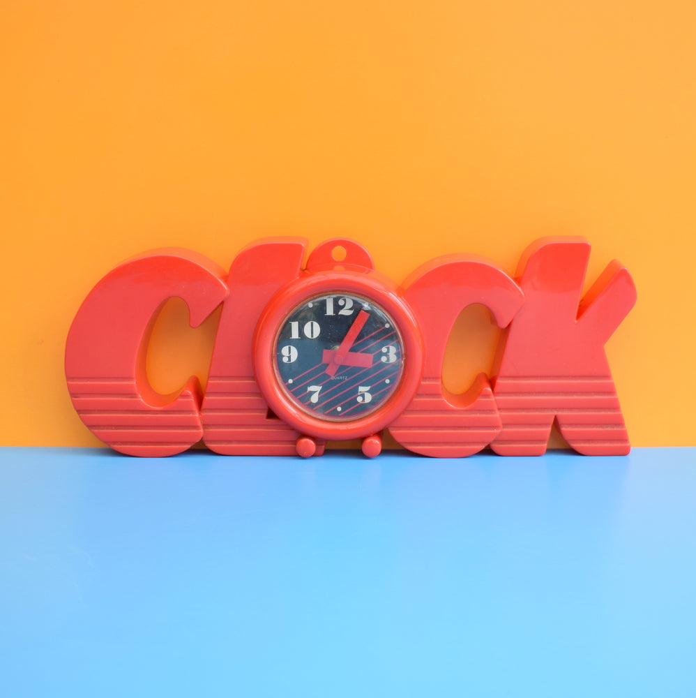 Vintage 1980s CLOCK Word Shaped Wall Clock - Red