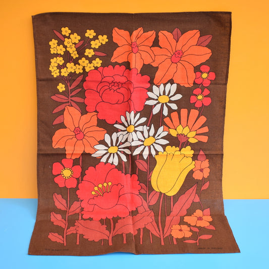 Vintage 1960s Cotton Tea Towel - Flower Power - Red, Orange & Yellow