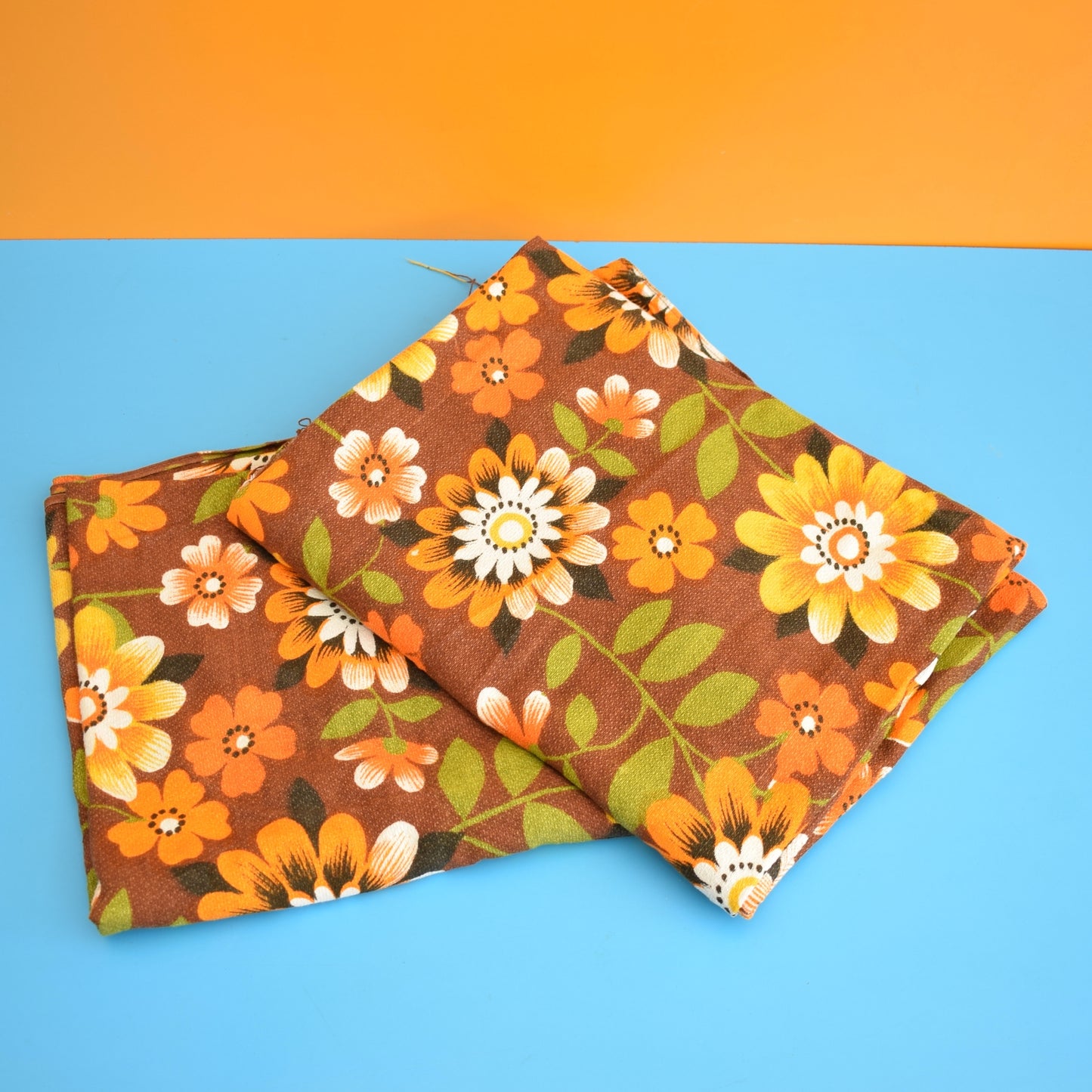 Vintage 1960s Barkcloth Fabric - Flower Power - Orange