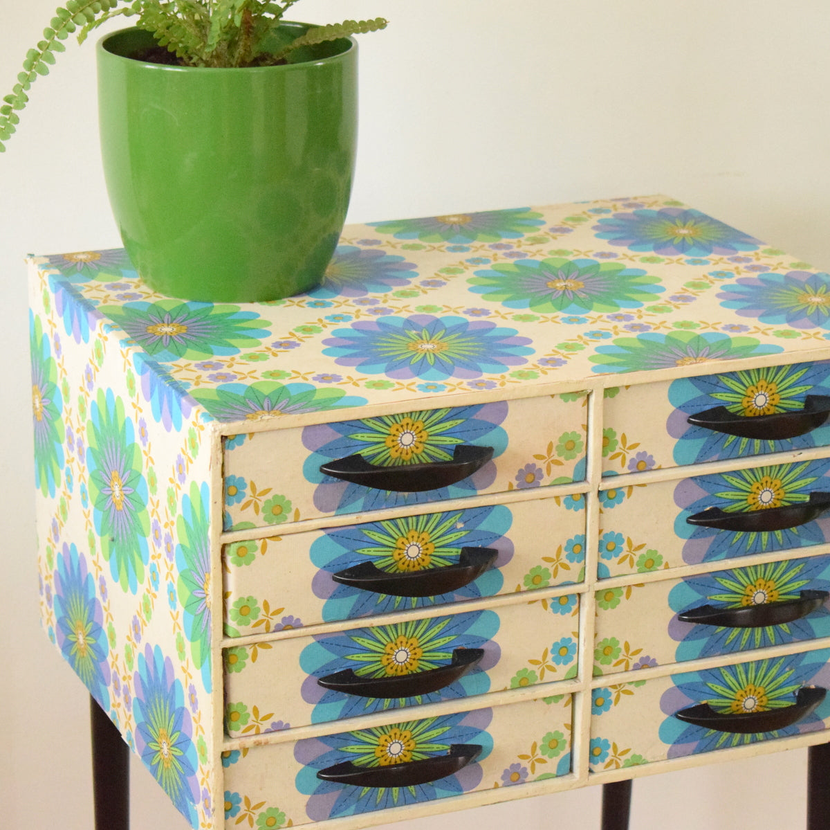 Vintage 1960s Chest of Drawers - Jewellery? - Flower Power - Blue, Green & Purple