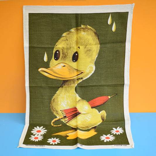 Vintage 1970s Tea Towel - Duck With Umbrella - Kitsch