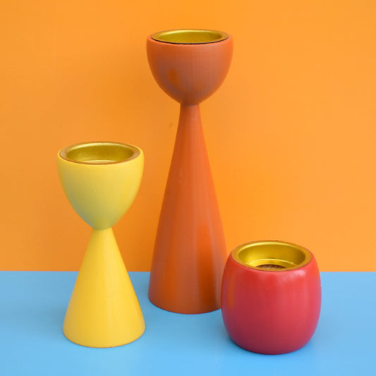 Vintage Swedish Wooden Trio Candle Holders - Orange & Yellow, Red