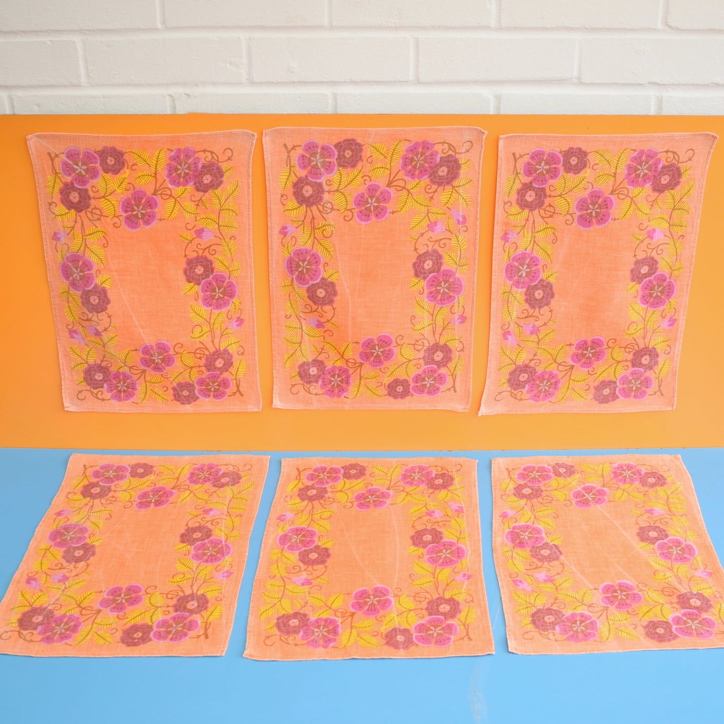 Vintage 1960s Linen Placemats x6 - Pink & Orange