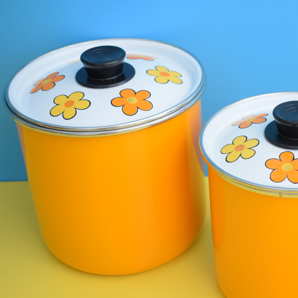 Vintage 1960s Flower Power Enamelled Storage Tins x3 - Yellow & Orange