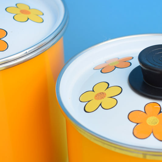Vintage 1960s Flower Power Enamelled Storage Tins x3 - Yellow & Orange