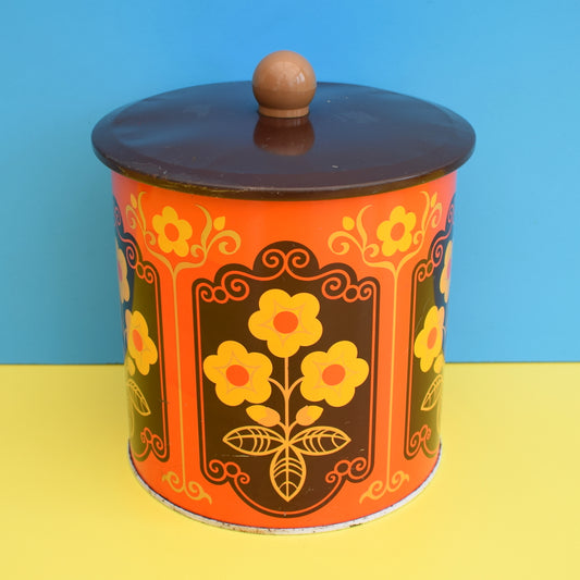 Vintage 1960s Metal Biscuit Tin - Flower Power - Orange & Brown
