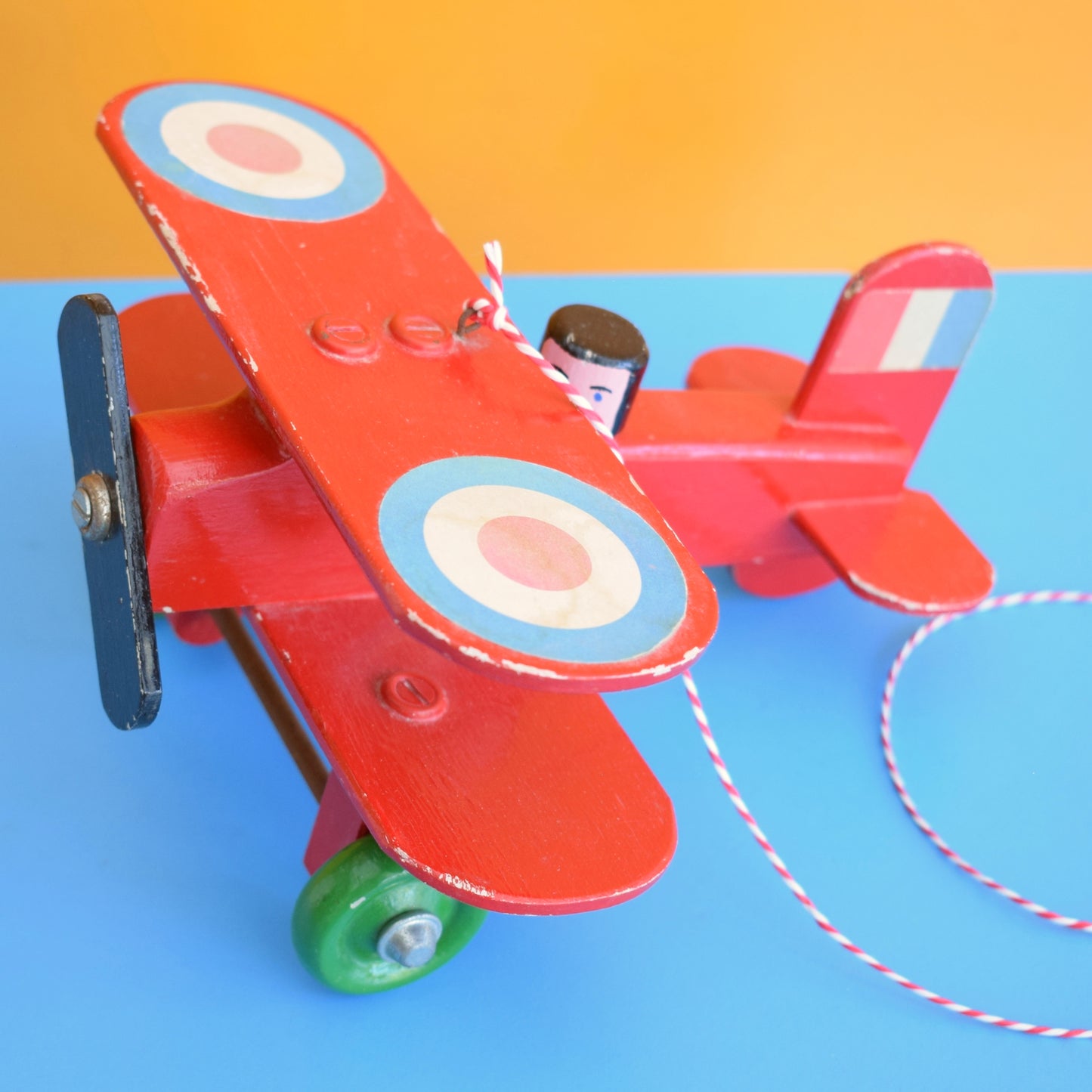Vintage 1980s Hanging Wooden Plane Toy - Red Baron