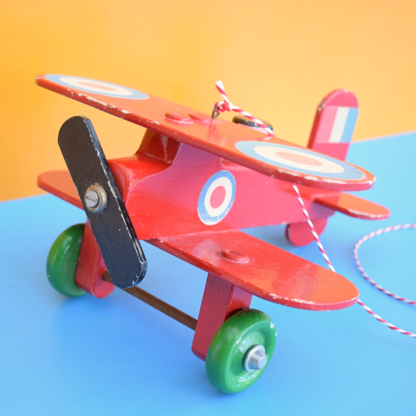 Vintage 1980s Hanging Wooden Plane Toy - Red Baron