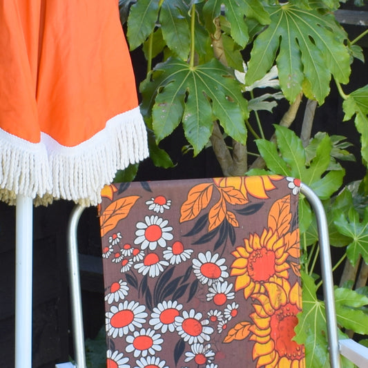 Vintage 1960s Folding Garden Chair / Parasol - Flowers - Orange