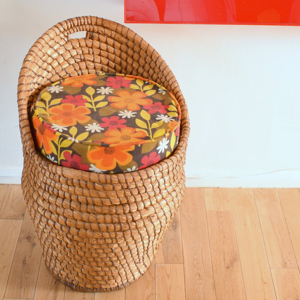 Vintage 1960s Wicker Chair / Storage - Flower Power Cushion